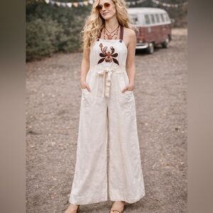 RARE 70s Vintage Young Edwardian Wide Leg Ivory Patchwork Overalls Pockets XS